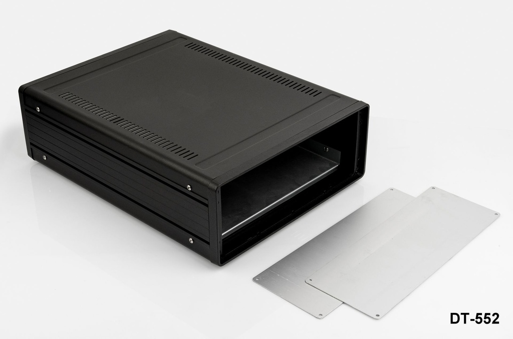 [dt-552-0-0-s-0] dt-552 Caja de aluminio para sobremesa ( negra , con placa de montaje , panel plano , con ventilación)
