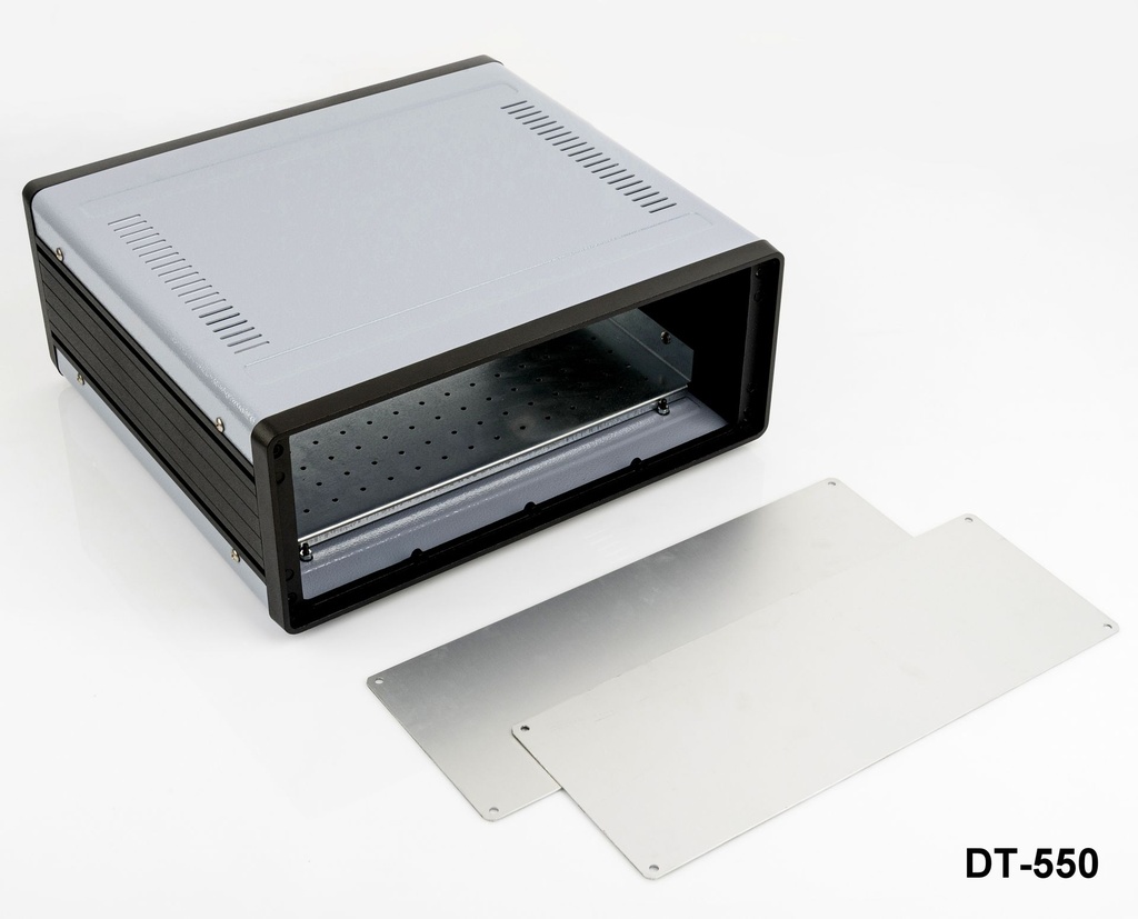 Caja de aluminio para escritorio DT-550 (gris oscuro, con placa de montaje, panel plano, con ventilación)