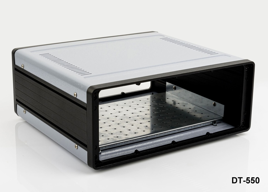 [dt-550-0-0-d-a] DT-550 Caja de aluminio para sobremesa (gris oscuro, con placa de montaje, panel plano, con ventila++.