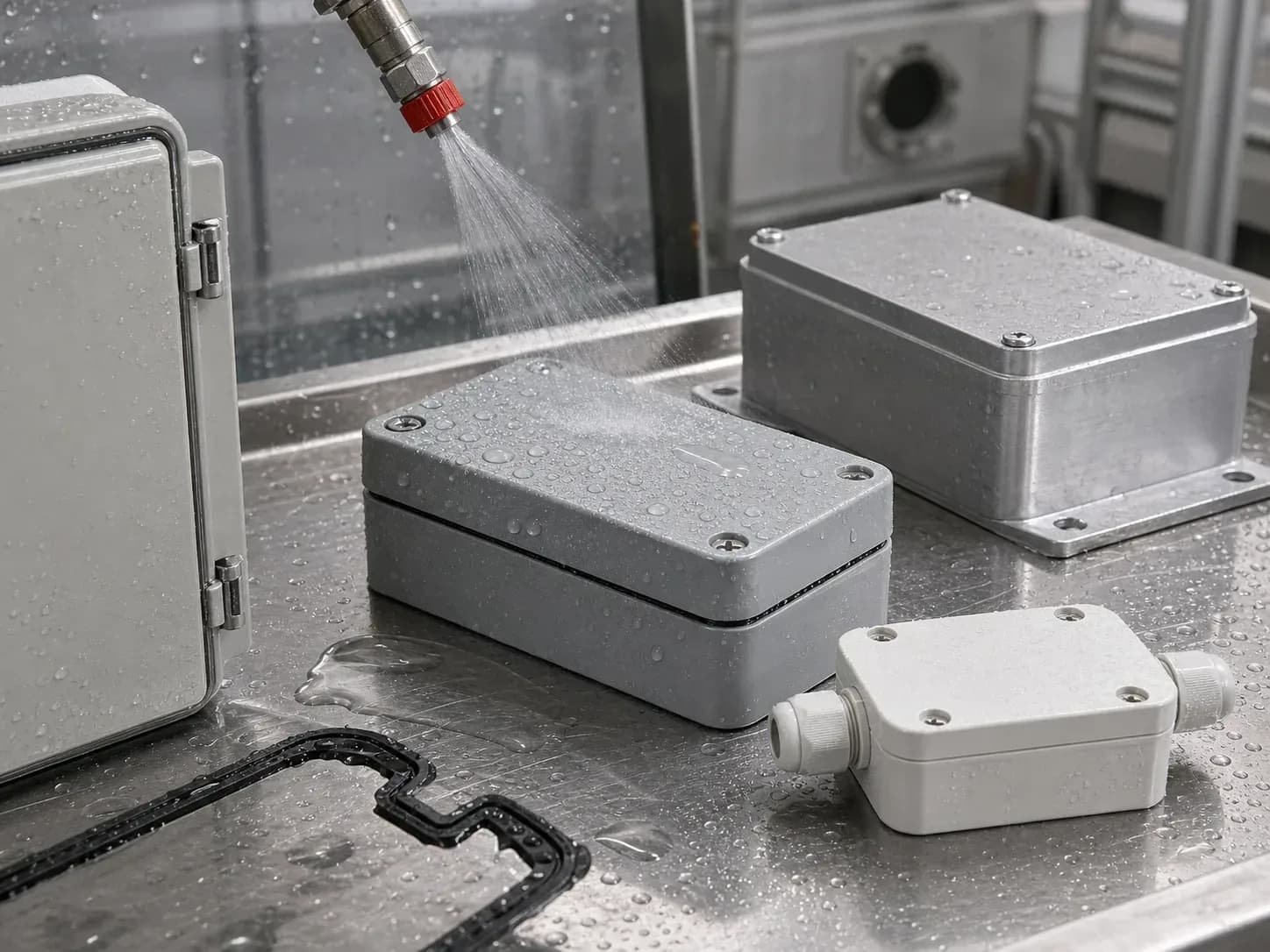 IP-Schutzart-Test mit abgedichteten Industriegehäusen und Wasserstrahl