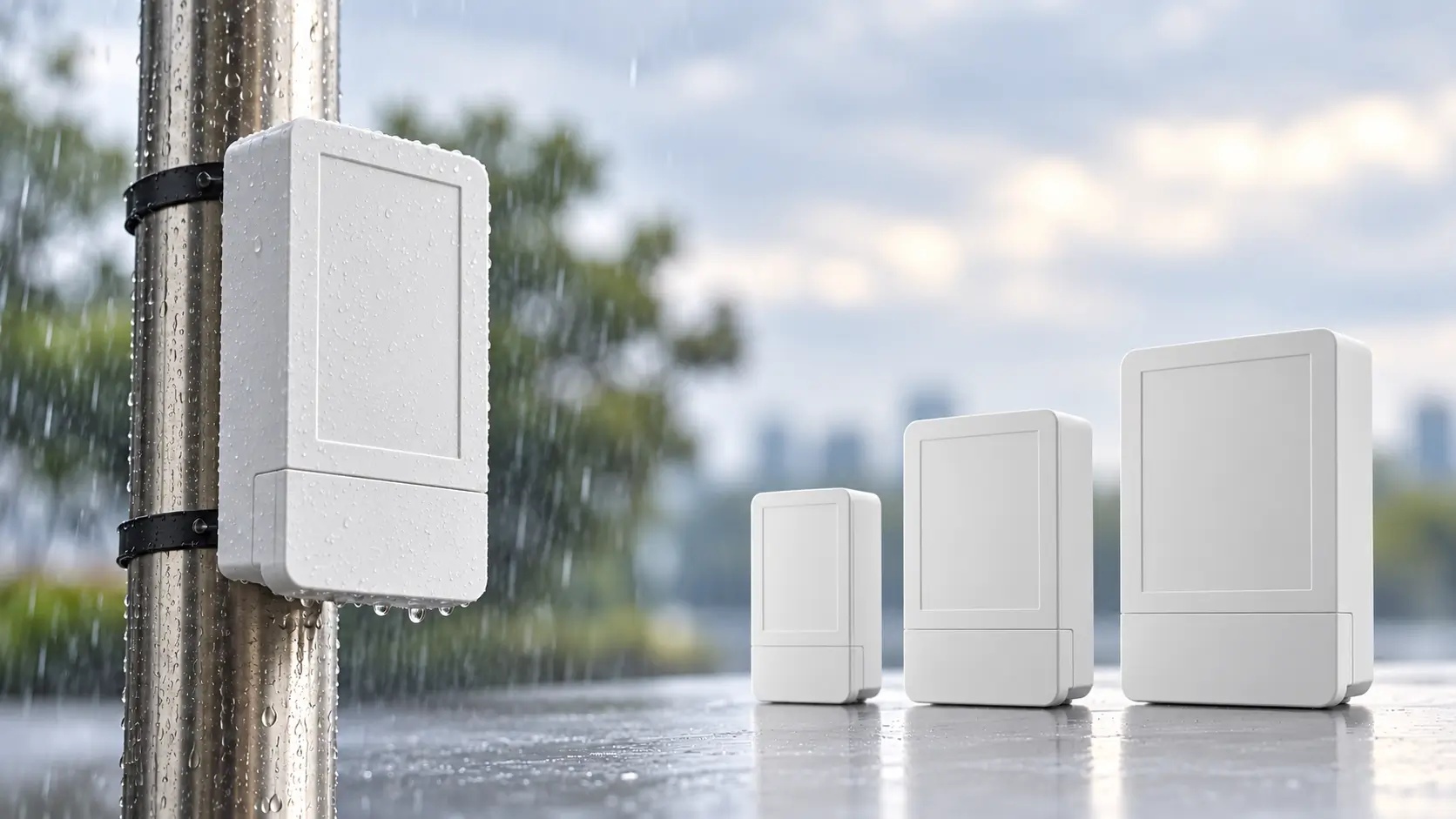 Different sizes of Altınkaya DM series electronic enclosures and clamp mounting application of the new pole-mount model in a rainy outdoor environment.