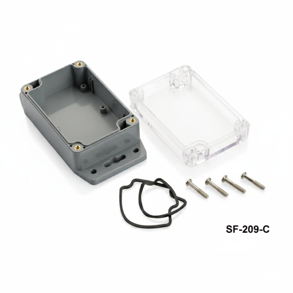 [SF-209-C-0-D-0] SF-209 IP-67 verzegelde doos met montagepoot (donkergrijs, ABS, transparant deksel)+