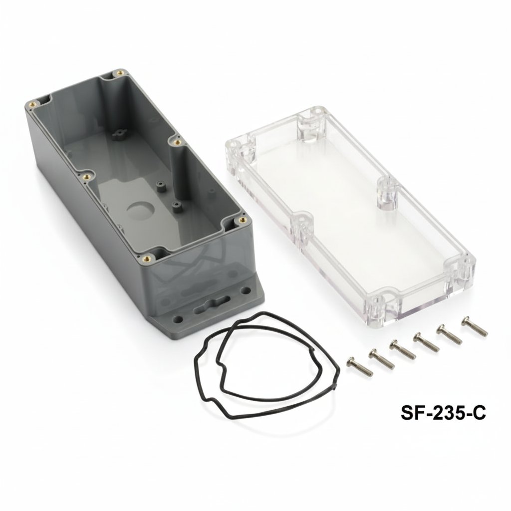 [SF-235-C-0-D-0] Caixa selada SF-235 IP-67 com pé de montagem (cinzento escuro, tampa transparente)