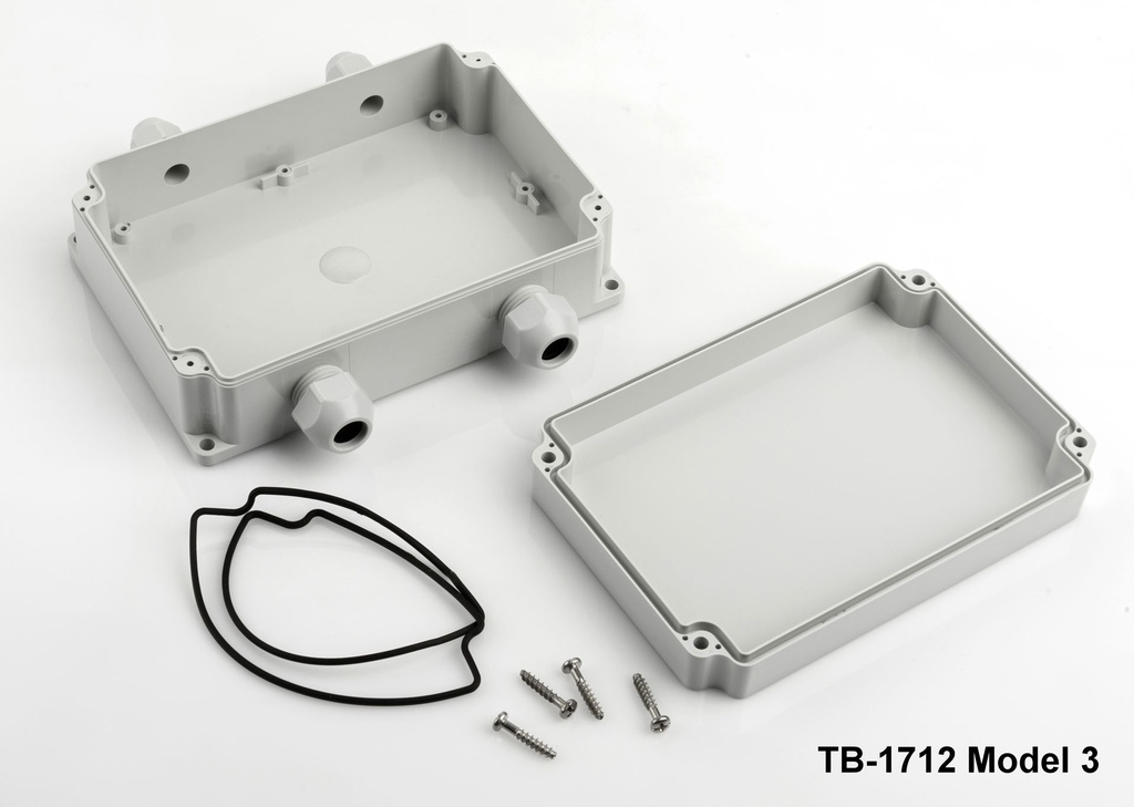 [tb-1712-m3-0-v0] حاوية tb-1712 ip-67 مع غدة كابل مصبوب (رمادي فاتح، موديل 3، v0)