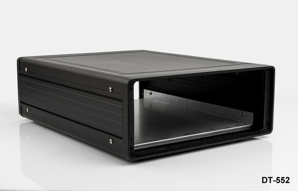 [dt-552-0-0-s-0] DT-552 Custodia da tavolo in alluminio (nero, con piastra di montaggio, pannello piatto, con ventilazione ++)