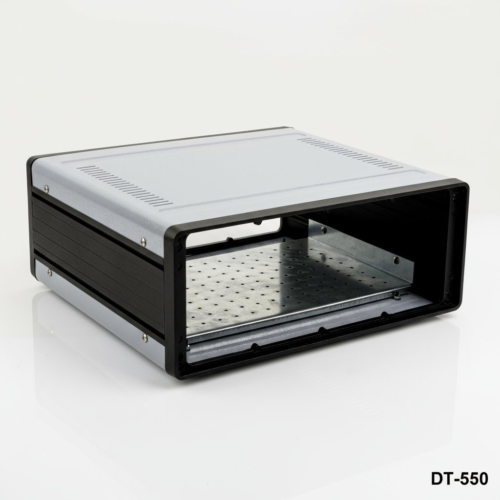 [dt-550-0-0-d-a] DT-550 Custodia da tavolo in alluminio (grigio scuro, con piastra di montaggio, pannello piatto, con ventilazione ++)