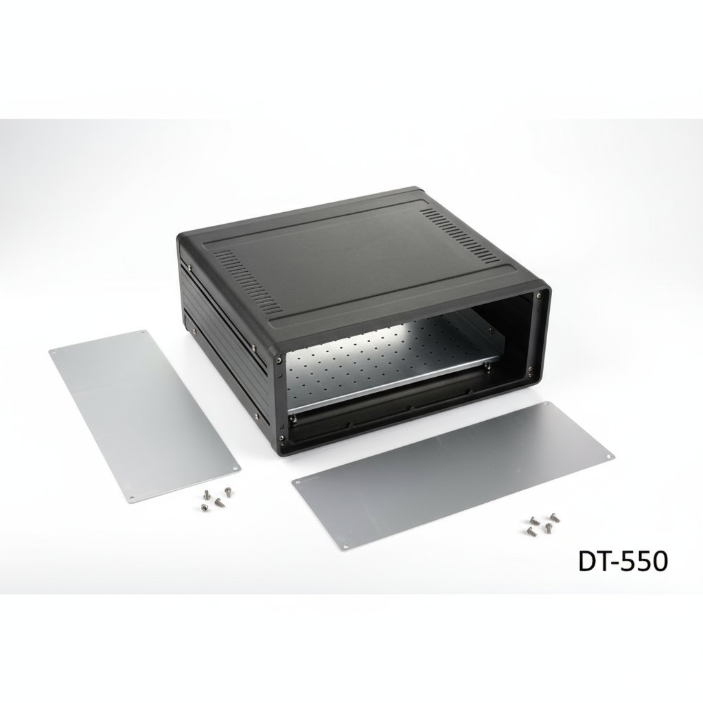 DT-550 Aluminium Desktop Behuizing (Zwart, met montageplaat, plat paneel, geen ventilatie)+