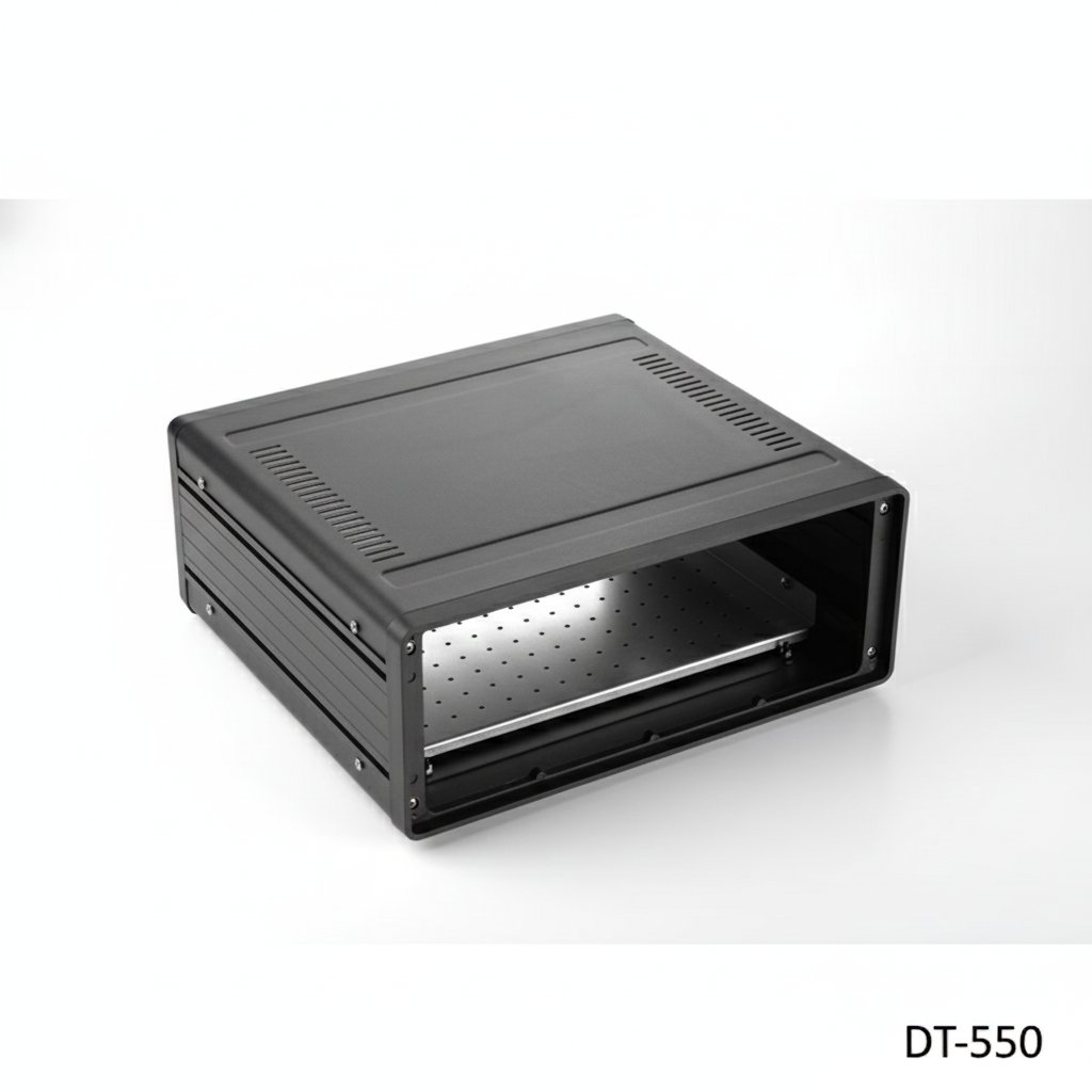 [dt-550-0-0-d-a] Caixa de secretária em alumínio DT-550 (preto, com placa de montagem, painel plano, sem ventilação++