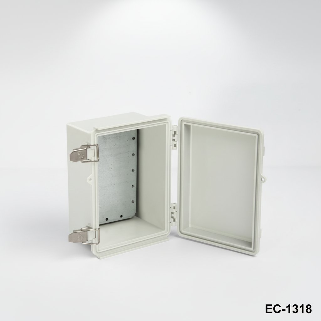 [EC-1318-0-0-G-0] EC-1318 Custodia in plastica IP-67 (grigio chiaro, ABS, con piastra di montaggio, coperchio piatto)