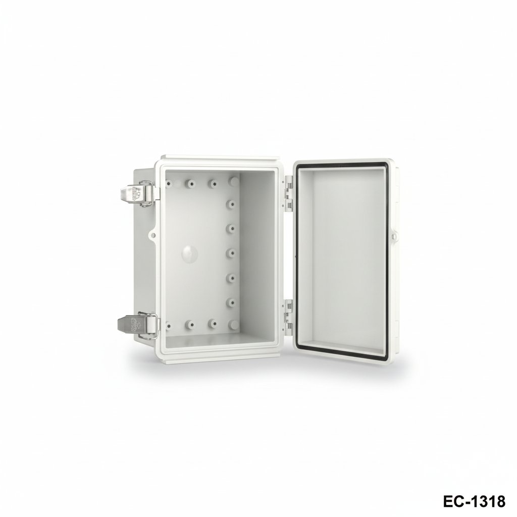 [EC-1318-0-0-G-A] EC-1318 IP-65 kunststof behuizing (lichtgrijs, ABS, zonder montageplaat, platte afdekking)