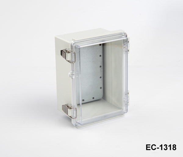 [EC-1318-C-0-G-0] EC-1318 IP-65 boîtier plastique ( Gris clair , ABS , Sans plaque de montage , Couvercle transparent )