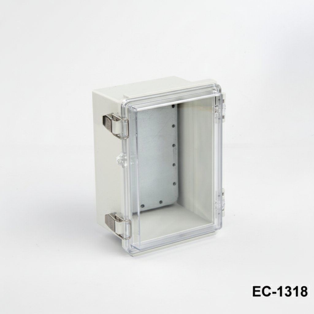 [EC-1318-C-0-G-0] EC-1318 IP-65 kunststof behuizing (lichtgrijs, ABS, zonder montageplaat, transparant deksel)