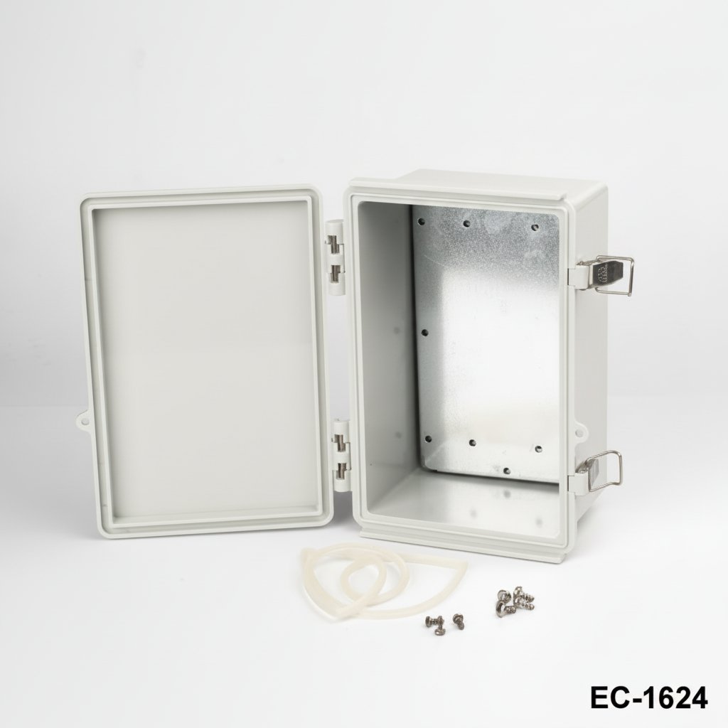 [EC-1624-11-0-G-G] EC-1624 Boîtiers en plastique IP-67 ( Gris clair , ABS , avec plaque de montage, couvercle plat, épaisseur 112mm)