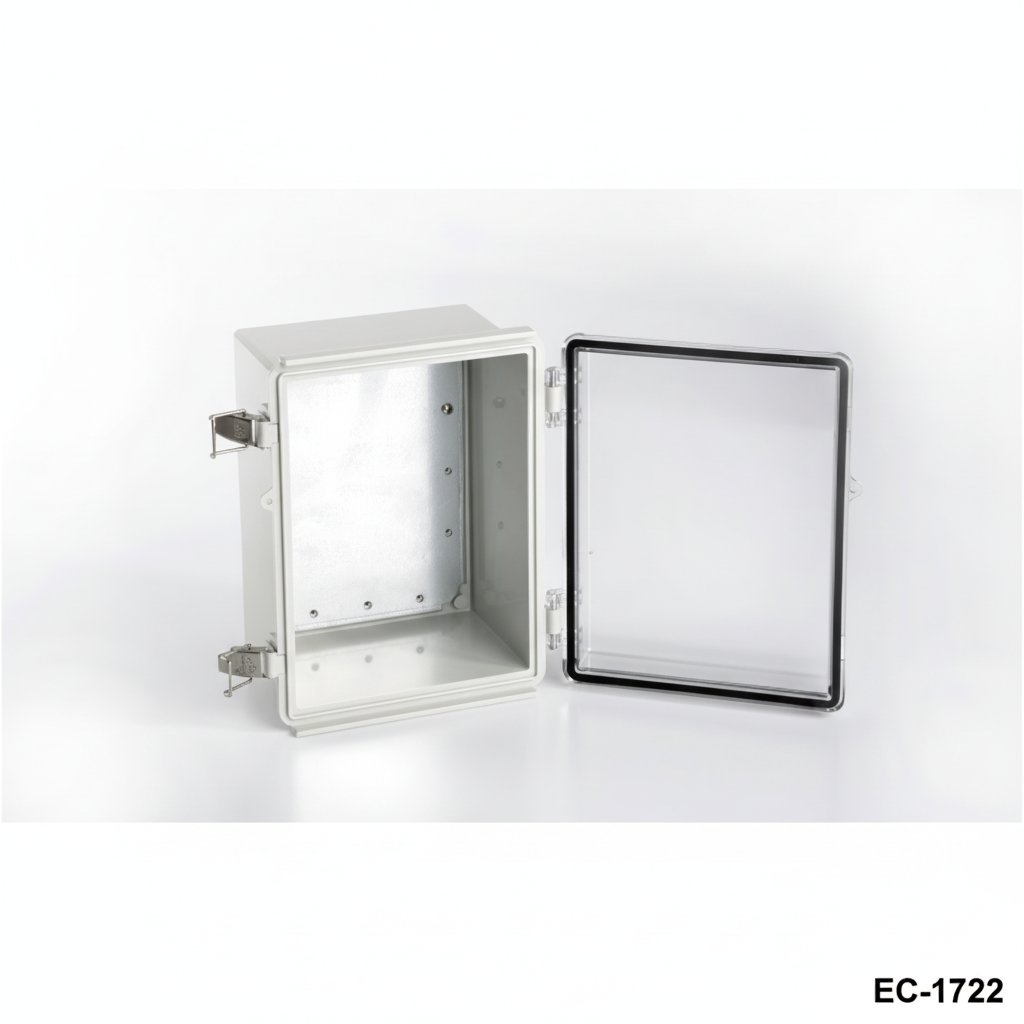 [EC-1722-C-0-G-0] Caixa de plástico IP-65 EC-1722 (Cinza claro, ABS, com placa de montagem, tampa transparente)