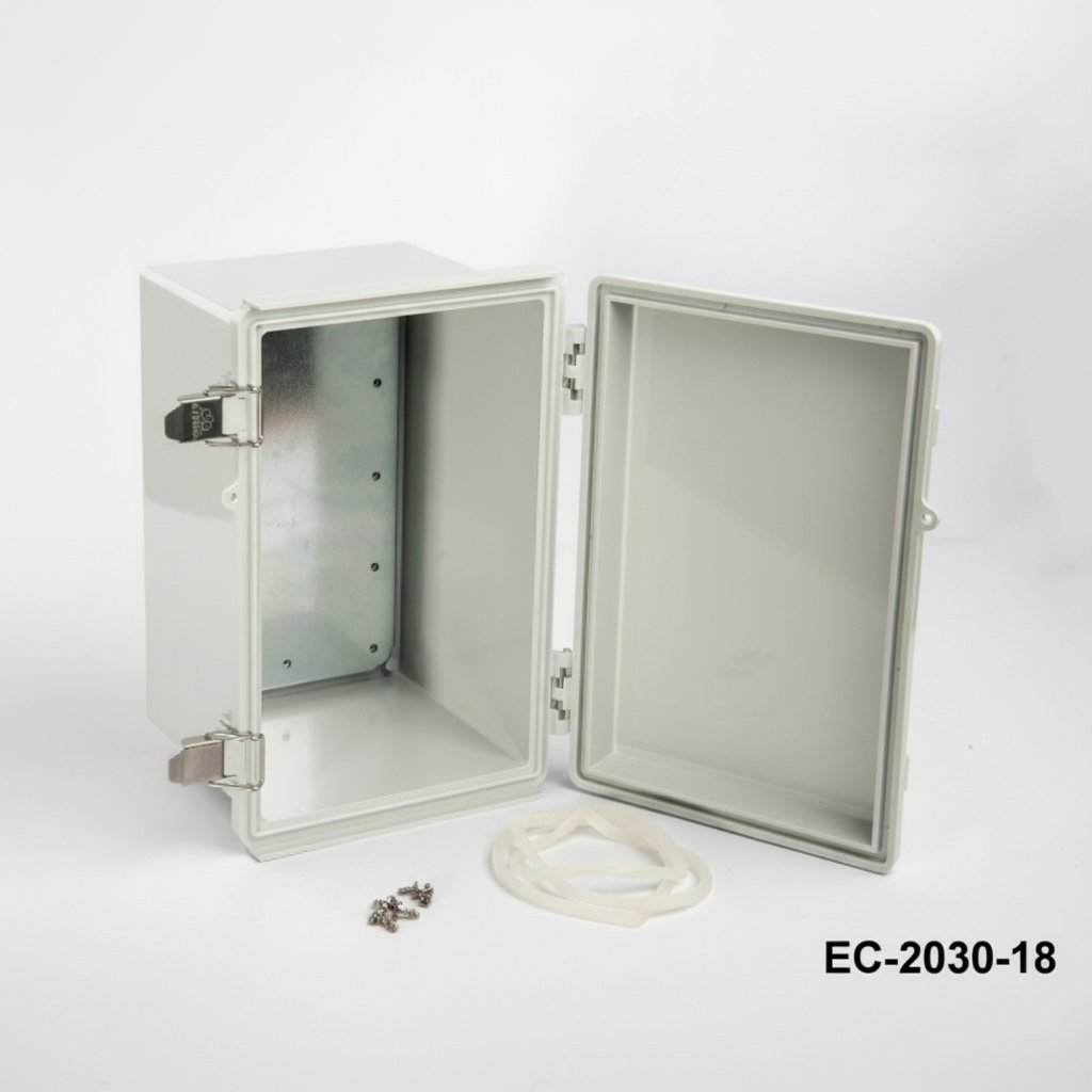 [EC-2030-18-0-G-0] EC-2030 Custodia in plastica IP-67 (grigio chiaro, ABS, con piastra di montaggio, coperchio piatto, spessore 187 mm)