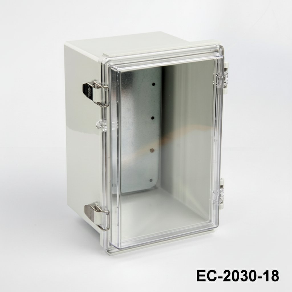 [EC-2030-18-0-G-C] Caixa de plástico IP-67 EC-2030 (Cinza claro, ABS, com placa de montagem, tampa transparente, espessura 187 mm)
