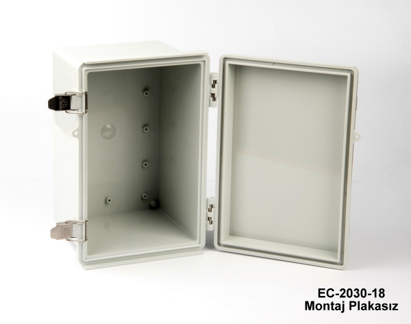 [EC-2030-18-A-G-0] Armário de plástico IP-67 EC-2030 (Cinza claro, ABS, sem placa de montagem, tampa plana, espessura 187 mm)