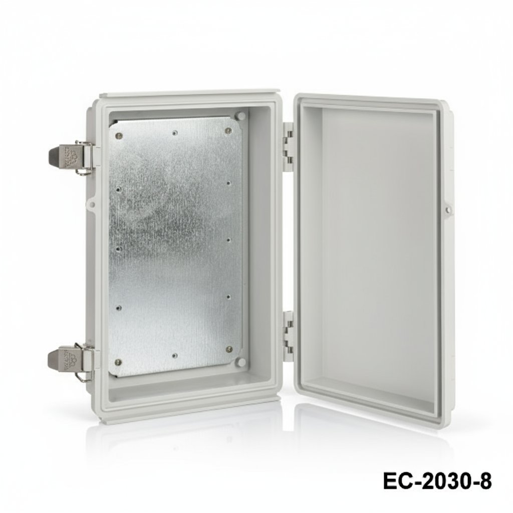 [EC-2030-8-0-G-0] Caixa de plástico IP-67 EC-2030 (Cinza claro, ABS, com placa de montagem, tampa plana, espessura 80 mm)