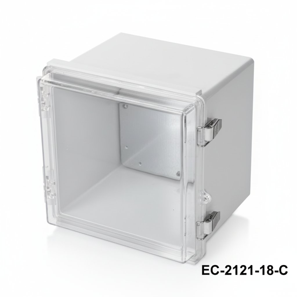 [EC-2121-18-0-G-C] Caixa de plástico IP-65 EC-2121 (Cinza claro, ABS, Orelha de montagem W, Tampa transparente, Espessura 180 mm)