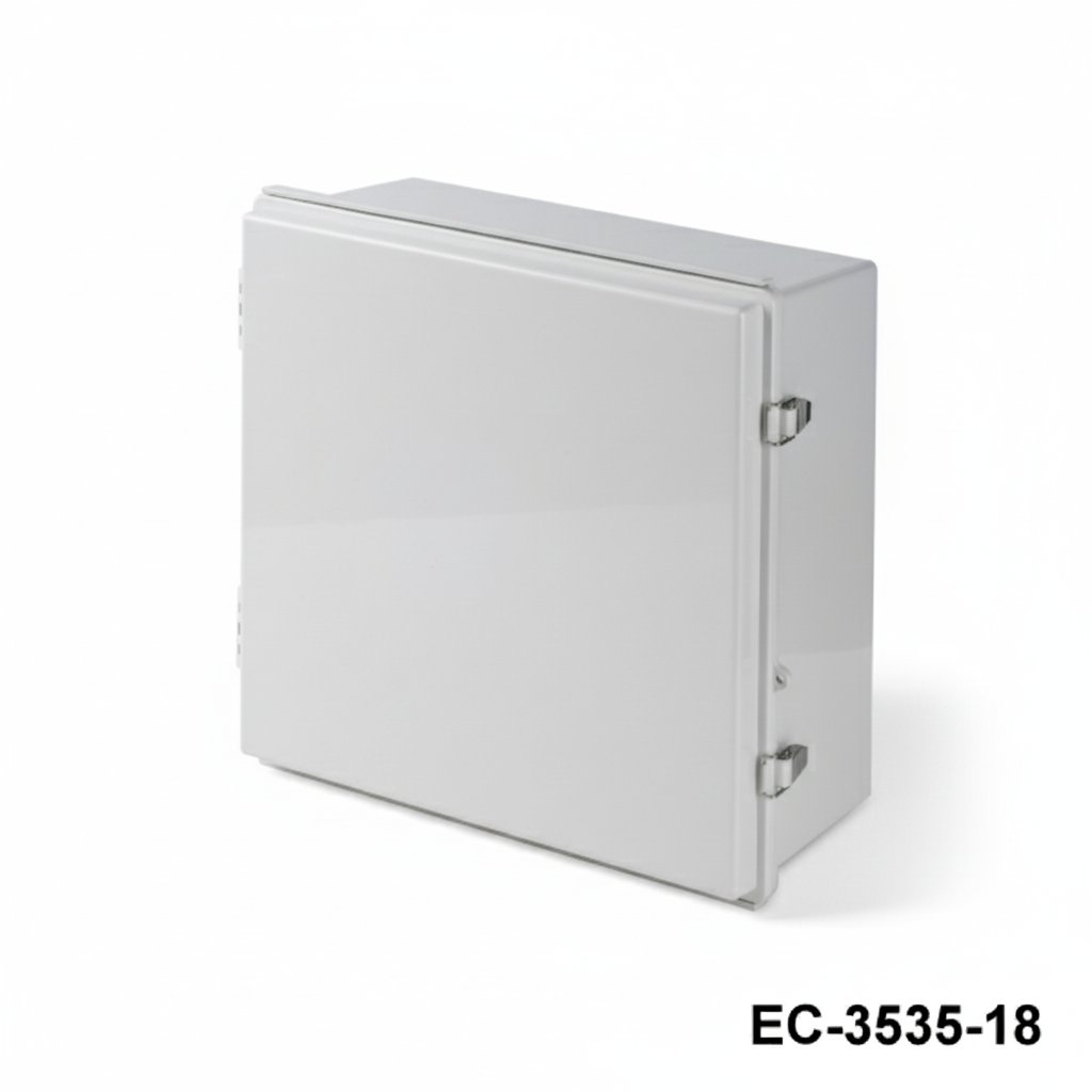 [EC-3535-15-G-G-0] EC-3535 Contenitori in plastica IP-67 con cerniera (grigio chiaro, ABS, con piastra di montaggio, coperchio piatto, spessore 150 mm)