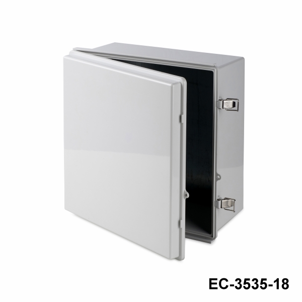 [EC-3535-15-G-G-0] Armários de plástico IP-67 com dobradiças EC-3535 (Cinza claro, com placa de montagem, tampa plana, espessura 150 mm)