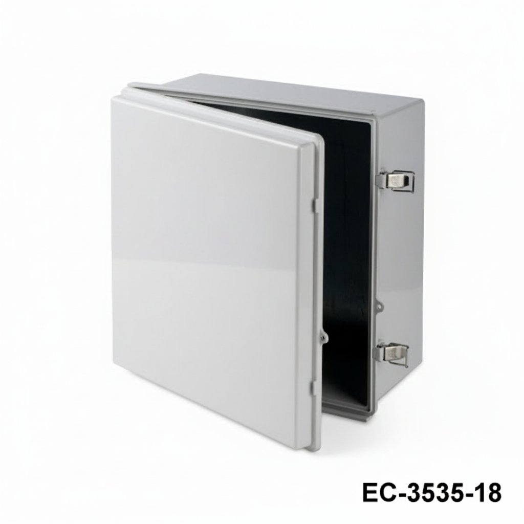 [EC-3535-15-G-G-0] EC-3535 Scharniergehäuse IP-67 aus Kunststoff ( Hellgrau, mit Montageplatte, flacher Deckel, Dicke 150 mm)