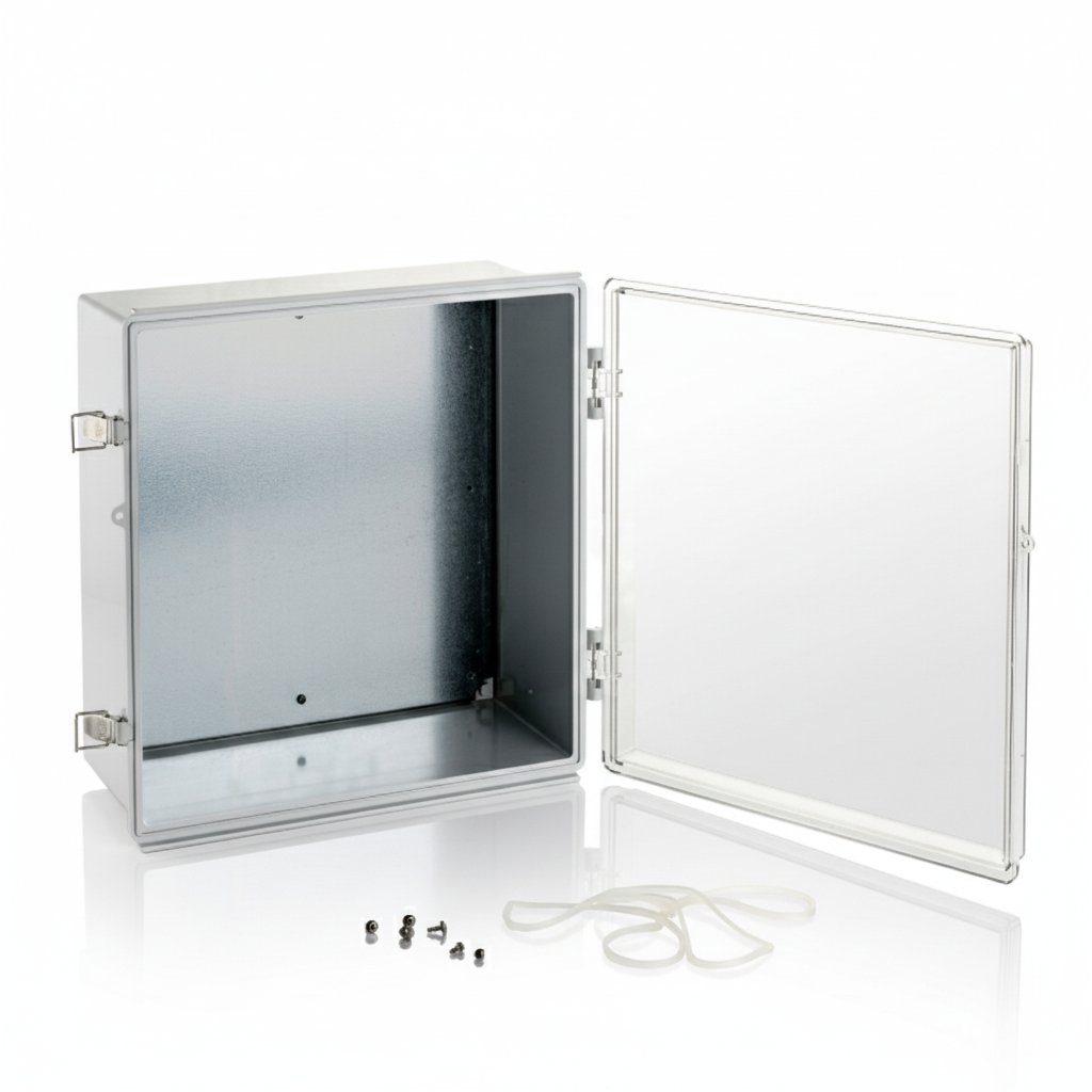 EC-3535 Armários de plástico IP-67 com dobradiças (cinzento claro, com placa de montagem, tampa transparente, espessura 150 mm)